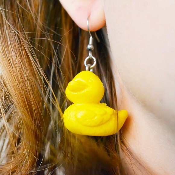 Yellow Toy Rubber Duck Drop Earrings Handmade Hypoallergenic Jewelry - Picture 5 of 7
